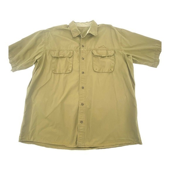 Eddie Bauer Button Up Short Sleeve Ripstop Pockets Golden Brown Safari‎ Size XL - Picture 1 of 11